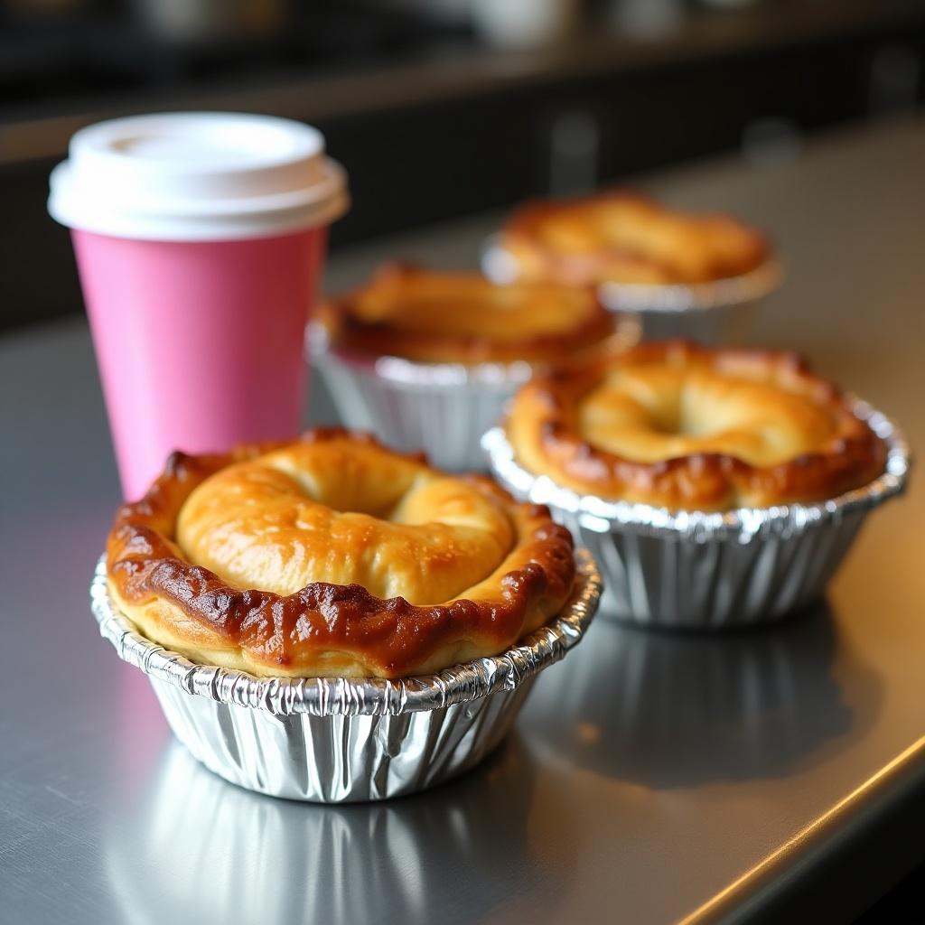 Presentation of steak pies in tin foil on stainless steel counter. Pink coffee cup with white lid beside them. A warm and inviting scene.