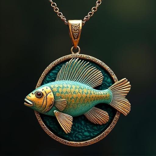 Pendant design featuring a Nile tilapia fish with the name Mila. Fish is intricately designed in gold and turquoise colors. Background is a deep green to emphasize the pendant.