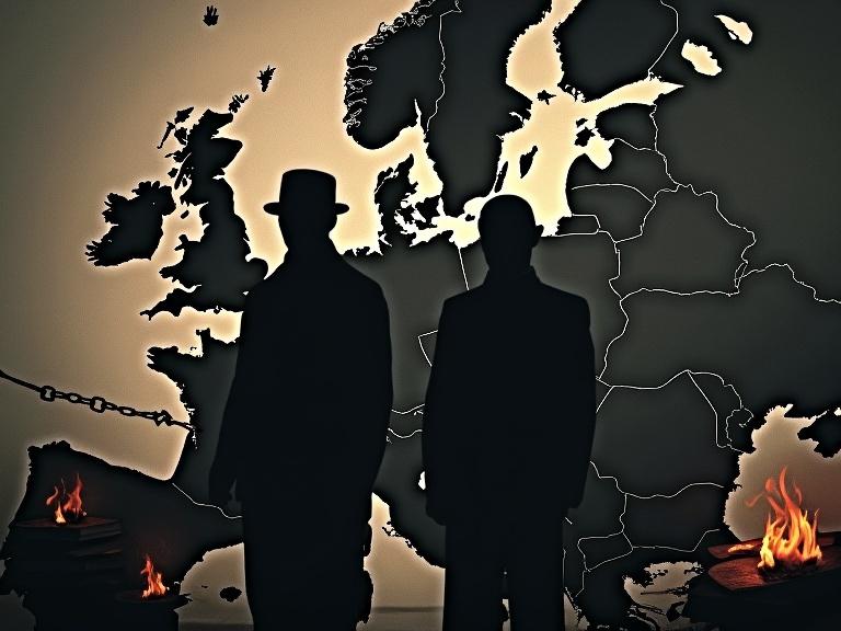Dark image shows silhouettes beside a map of Europe covered by shadows. Symbols of repression like barbed wire, burning books, chains, swastikas and fasces surround the scene.