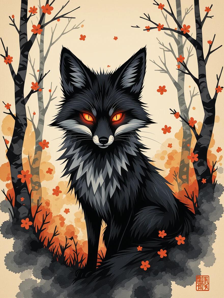 Mysterious fox spirit with glowing red eyes. Jagged black fur resembling paper scraps. Surreal forest with splatter ink trees. Floating orange blossoms. Stark parchment background. Surreal ink brush style with sharp black and orange contrast. Sketchy ink lines create eerie atmosphere. Storybook horror aesthetic inspired by Tim Burton and Edo sumi-e.