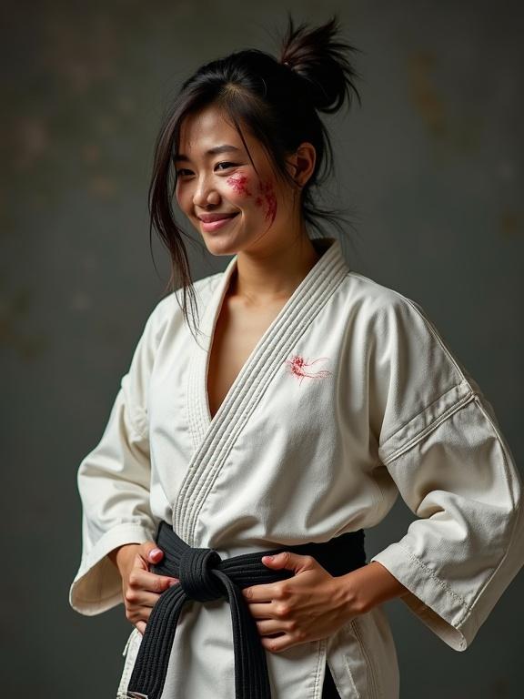 Athletic woman with asymmetrical hairstyle wearing a karate gi. Smudges and bruises are visible. She smiles while looking exhausted. Hands resting on her belt. Blood on her face.