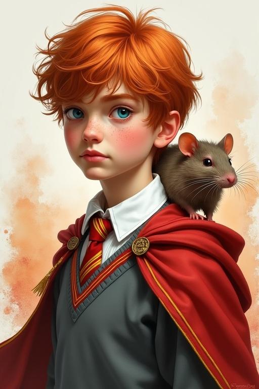 Hyper-realistic digital painting of a teenage boy with tousled ginger hair in a three-quarter portrait. He has pale freckled skin and thoughtful blue eyes. Wearing a Gryffindor-style school uniform with a white shirt, red and gold tie, grey vest, and flowing red cloak. On his shoulder is a brown rat. Background features watercolor splashes in warm oranges, creams, and light grays. Dramatic soft lighting and painterly brushstrokes create a magical fantasy atmosphere.