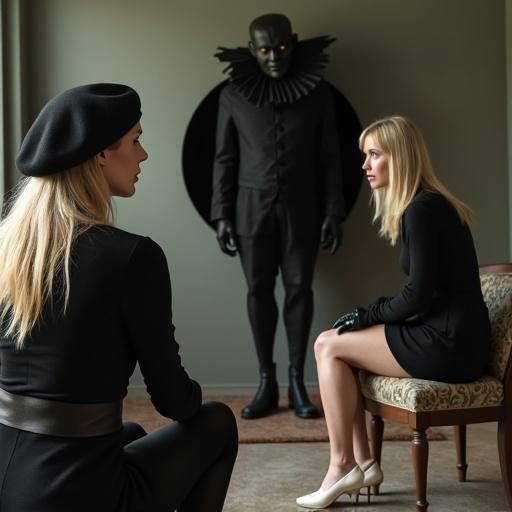 A beautiful blonde woman seen from back wearing a black long sleeve T-shirt beret and mini-skirt sitting on a sofa. She stares maliciously at a serious young black-haired woman in a white lace dress on a footstool. A clown-like black puppet emerges from a wall circular opening and jumps toward the black-haired young woman. The setting features old-style furniture.