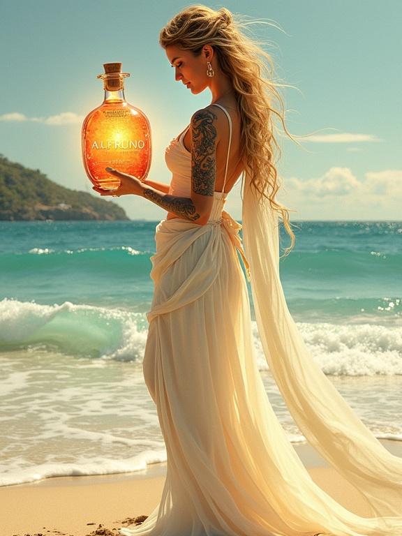 Goddess with tattoos on beach holding apothecary bottle. Bottle glows golden-reddish color. Cork lid with elegant hang tag. Ethereal lighting, waves on shore. Watercolor style influenced by Mucha and WLOP.