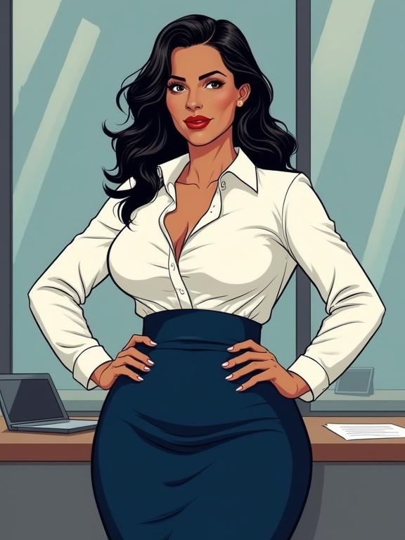Upper body portrait of a mature woman dressed in a navy blue pencil skirt and a crisp white blouse. Dark wavy hair cascading past her shoulders. She stands with a confident posture in an office setting. Her lips are painted and she exudes a mix of strictness and amusement.