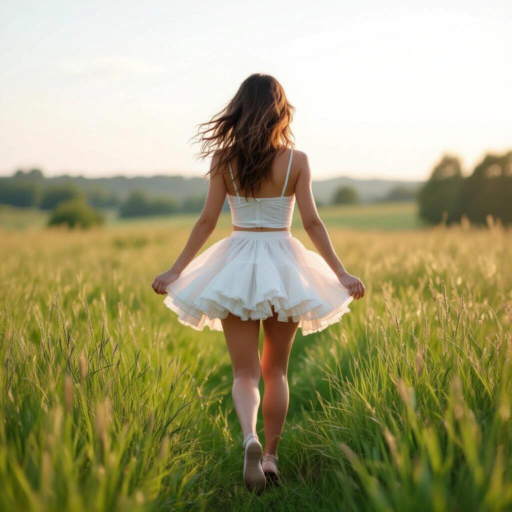 Young woman in white frilly miniskirt viewed from behind. She floats gently over grassy field. Her feet are lifted off the ground.