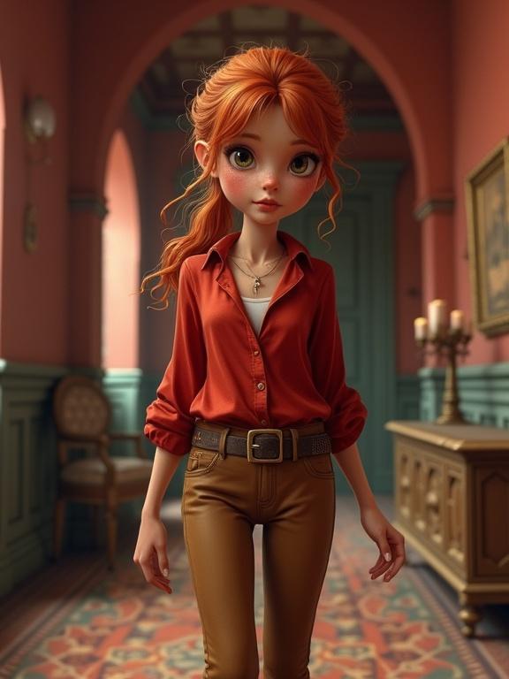 detailed 3D pastel medieval fantasy illustration featuring a ginger thief walking through a mansion corridor. Character wears a red blouse and tight tan leather trousers. Detailed background reflects a fairytale of a beautiful mansion.