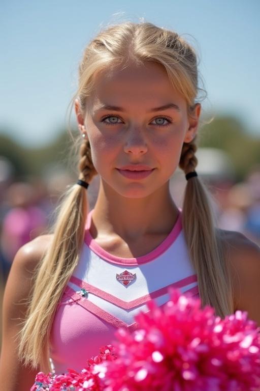 Attractive young woman with long blonde hair styled in two side ponytails. She has striking blue eyes. Dressed in a pink and white cheerleader uniform. Holding pom poms while cheering at a rodeo.