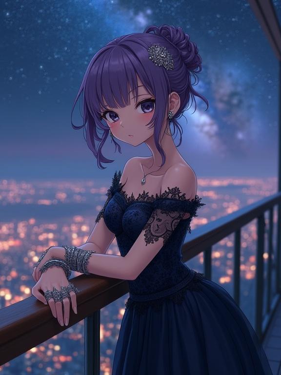 A semi-anime woman with violet hair and an ornate silver hairpin. She has large expressive eyes with a melancholic gaze. Wearing a dark off-the-shoulder dress with lace detailing. Leaning on a wooden handrail. The background presents a starlit sky and a glowing cityscape.