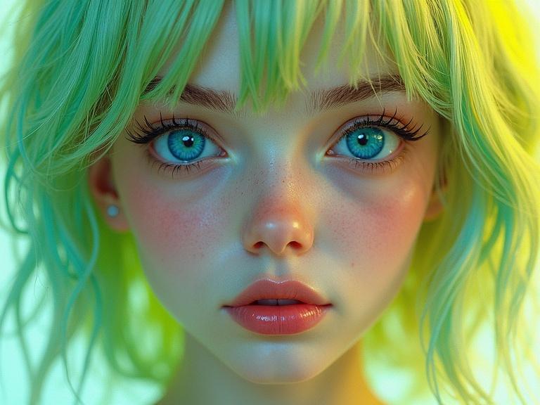 Bright surrealism art featuring a close portrait of a young woman. She has vivid blue eyes and shoulder-length green and yellow striped hair with silver tips. Her skin is pale with patches of green and yellow stained glass extending outward like blades. The art uses bold colors and gradients.
