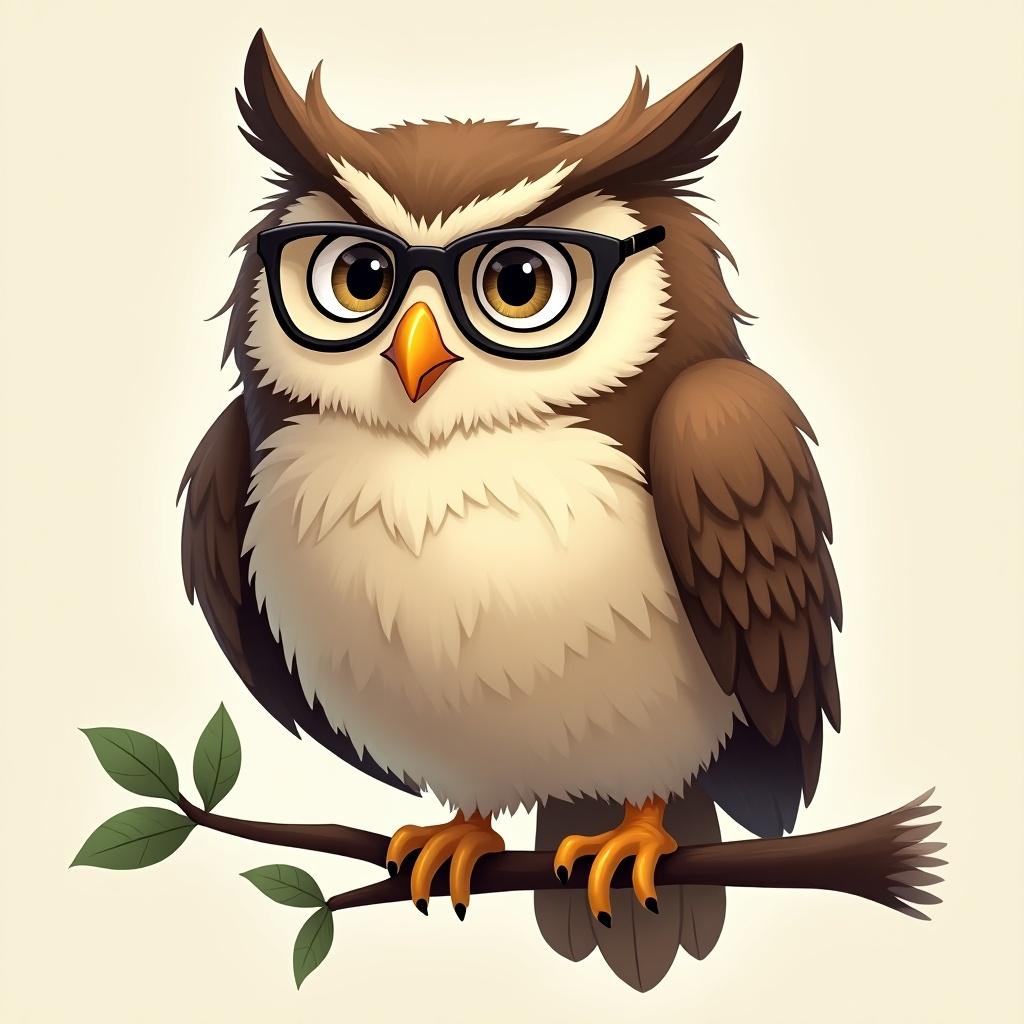 A wise and intelligent owl character with detailed feathers and expressive eyes. The owl is wearing small glasses and sitting confidently on a tree branch. The design should showcase the owl from all angles: front, back, left, and right. The character has a scholarly and majestic appearance with natural colors. Subtle details emphasize its wisdom and knowledge, creating an inviting and friendly look.