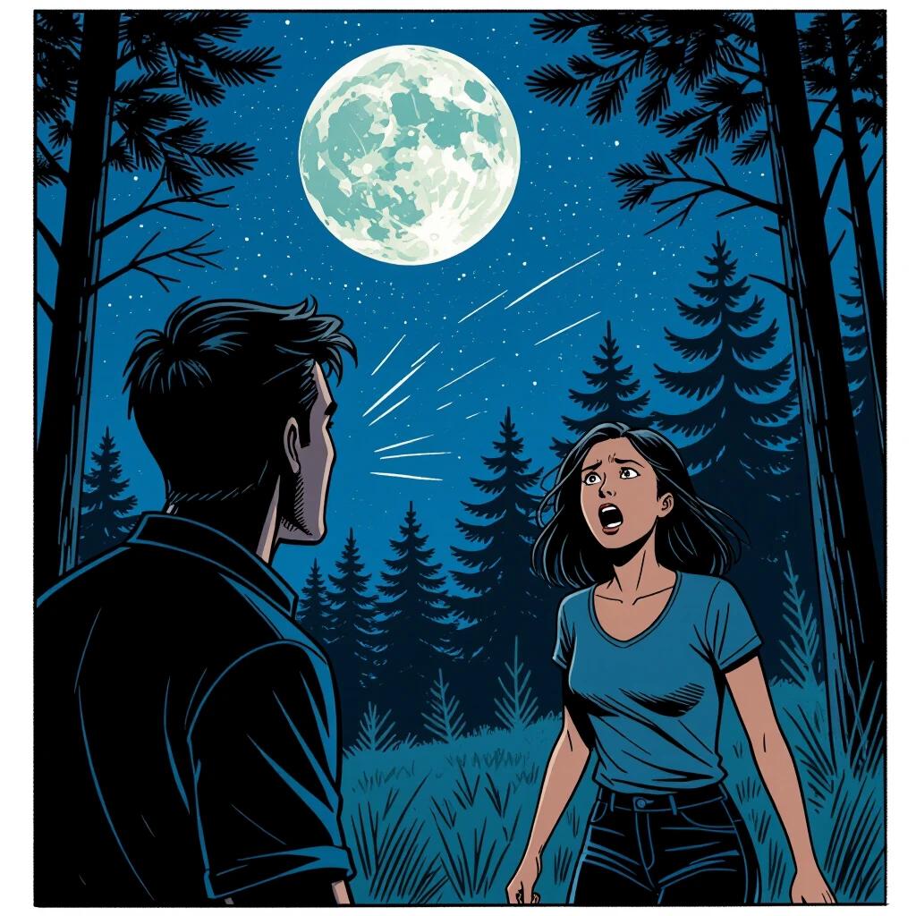 A man listens to a distant scream coming from a woman. She appears frightened in a full moon night. They are in a pine forest surrounded by trees. The atmosphere is mysterious and tense.