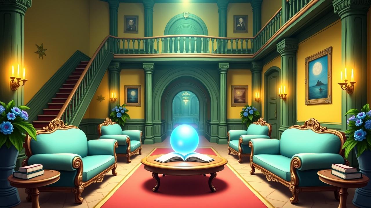 A grand, vintage lobby with elegant furniture and a mystical glowing orb floating above a book on the central table, ancient paintings and candle-lit ambiance.