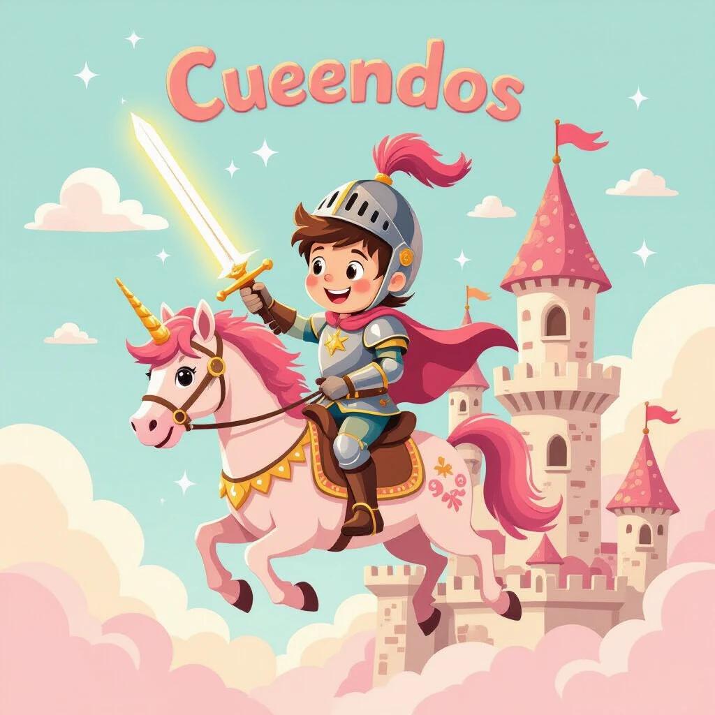 Cover for children's storybook featuring a boy in knight costume with light sword on pink pegasus flying over a pastel cotton candy castle.