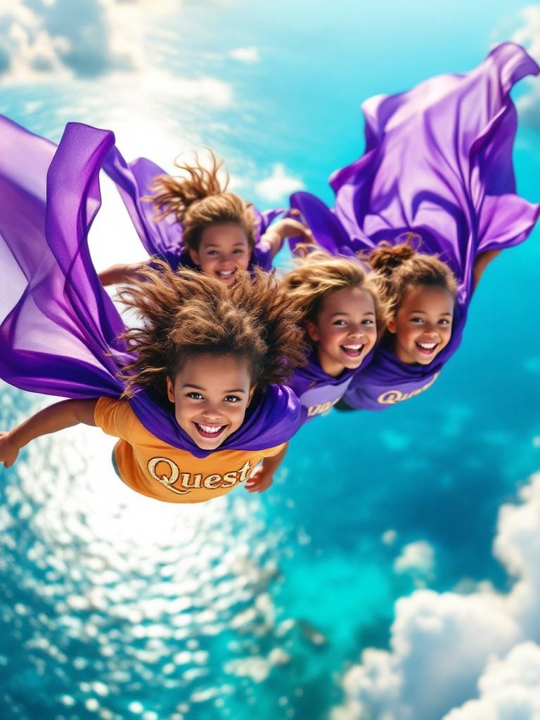 Four joyful toddlers soaring through the vibrant blue Caribbean Sea. Dynamic purple capes flutter in the wind. Bright shirts display the word 'Quest' in gold. Glee and excitement are evident on their faces. Warm sunlight enhances the magical atmosphere.