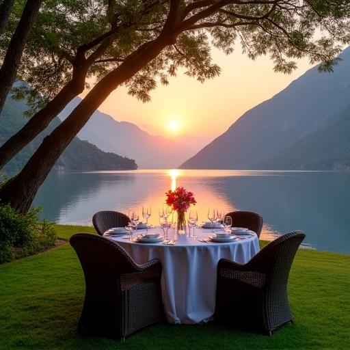 This image presents a stunning sunset dining scene by a serene lake framed by majestic mountains and lush greenery. A round dining table is set for four on a lush green lawn overlooking a calm lake with steep mountains. The sunset casts warm reflections on the water.