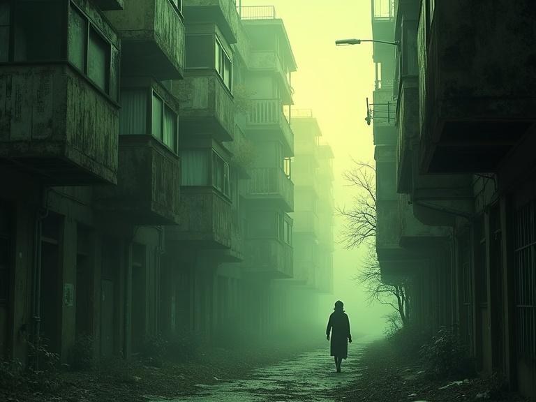 Abandoned buildings with a solitary figure walking through a foggy street. Warm lights emerge from windows creating contrast with shadows. Dense fog adds depth. Plants invade structures as nature reclaims space. Raven birds perched on balconies. Torn signs and aged graffiti decorate the walls.