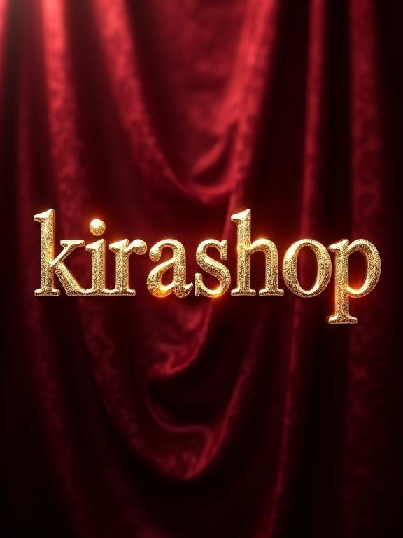 A high-resolution image featuring the text 'kirashop' in an ornate typeface. Letters have a rich, glowing effect like aged gold. Background is deep ruby red, resembling heavy velvet, with dramatic light reflections. The text is the focal point, evoking opulence and classic allure.