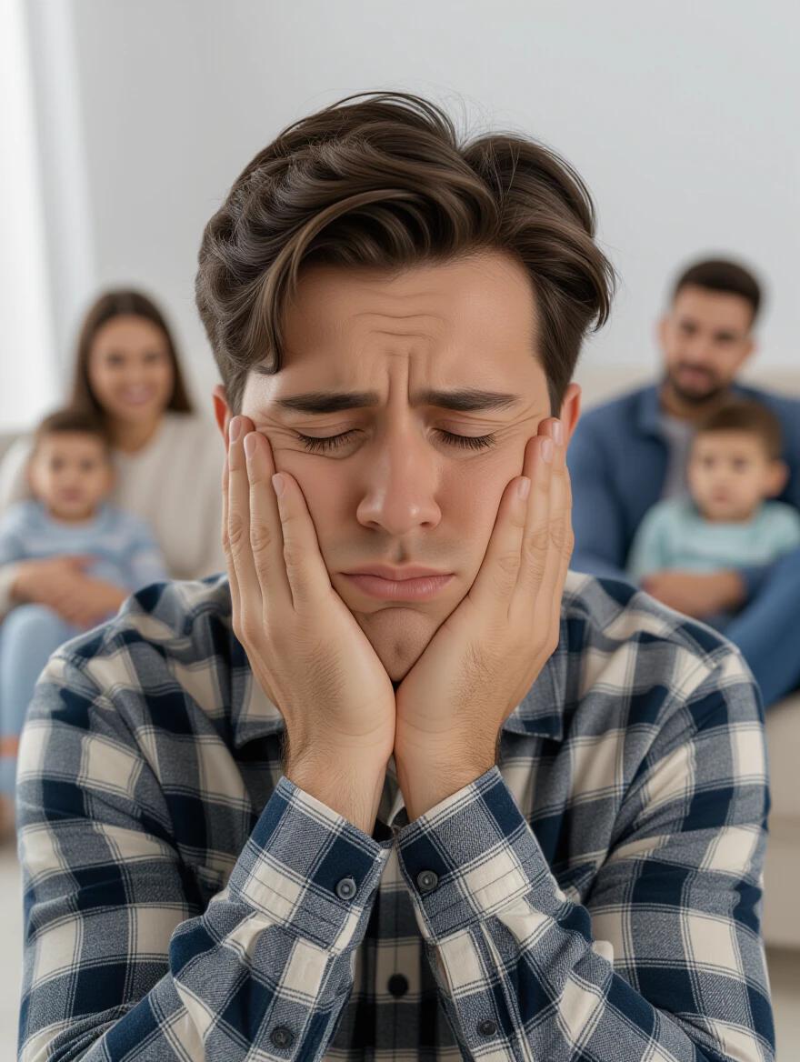 A person looking exhausted and worn out after a long day. Family is in the background. The scene reflects giving their last bits of energy.