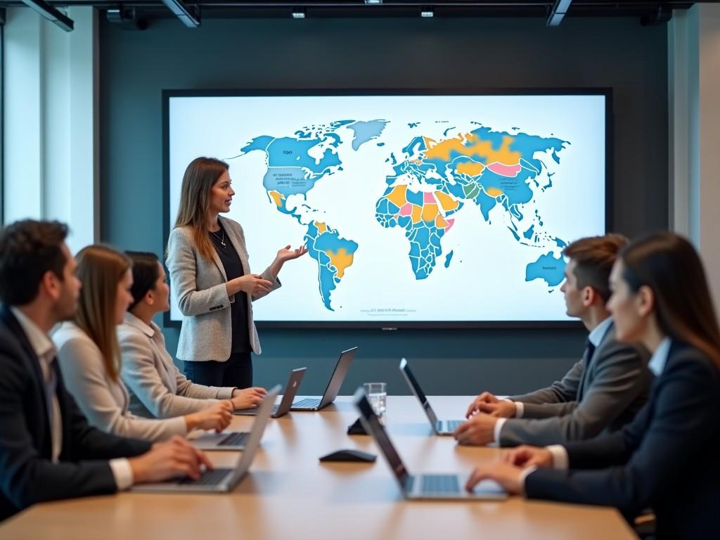 In a modern conference room, a woman is delivering a presentation to a group of colleagues. The large screen behind her displays a color-coded world map surrounded by charts and AI diagrams. The professionals are attentively listening, seated at a sleek table with laptops open in front of them. The atmosphere is focused and collaborative, with bright lighting enhancing the room's contemporary feel. The map showcases various regions, hinting at an analysis of global markets or trends, while the overall environment is designed for communication and idea sharing.