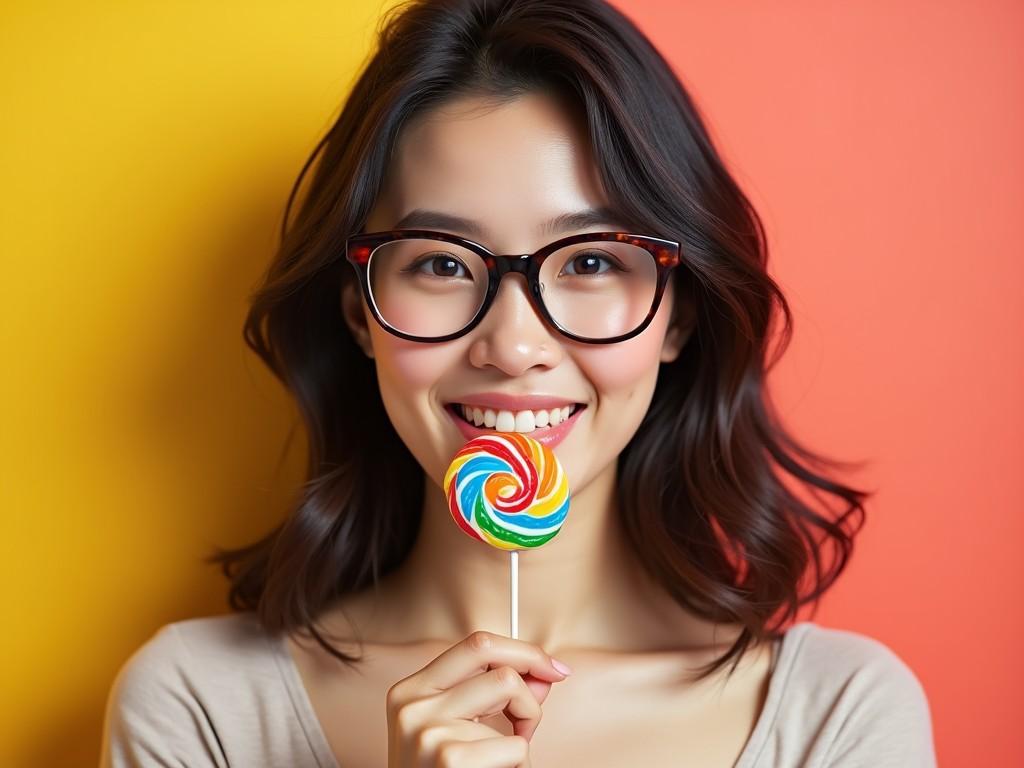 A young woman with dark, wavy hair and large glasses holds a colorful lollipop close to her smile, exuding a sense of joy and playfulness. The background is a vibrant transition from yellow to orange, complementing the cheerful theme and enhancing the visual appeal of the image.