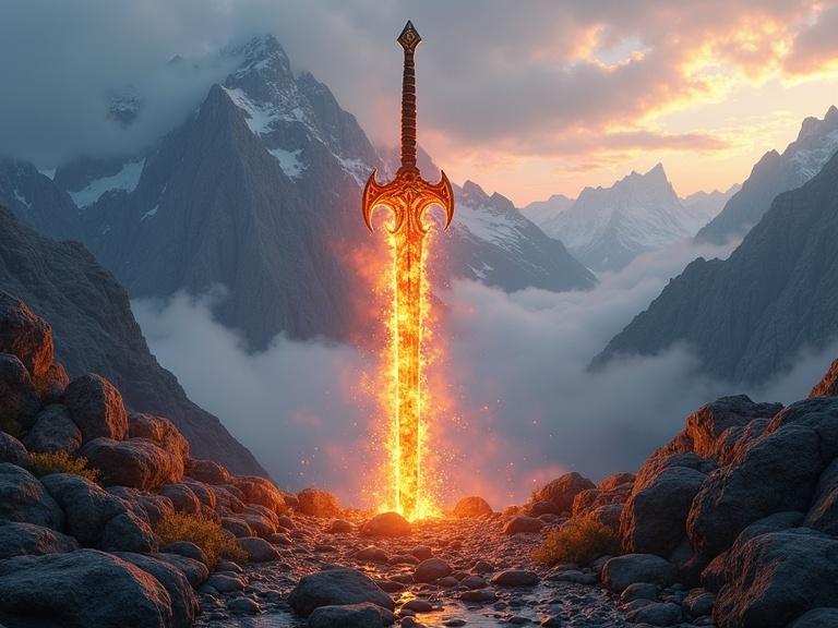 Fantasy fire sword emerging from rocky terrain. Sword glows brightly. Majestic mountains surround the scene. Clouds and fog enhance the atmosphere.
