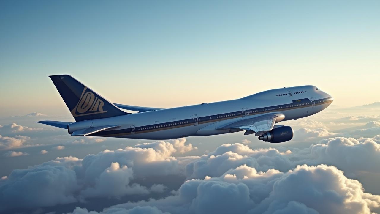 This image showcases a Boeing 747 soaring high in the sky. It is captured in an aerial perspective, highlighting its majestic form against a backdrop of fluffy white clouds. The lighting is soft and warm, giving a serene feel to the scene. The aircraft is painted in calming shades of blue and white, enhancing its presence in the sky. This image symbolizes travel and the freedom of flight, appealing to aviation enthusiasts and travelers alike.