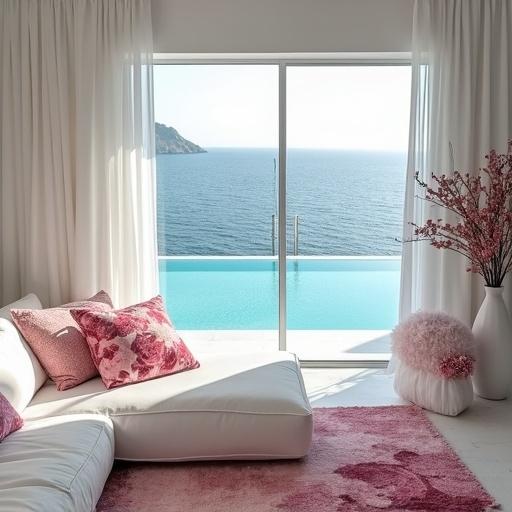 Stylish white living room decorated with pink rose print pillows and rug. Large windows showcase a stunning aqua pool and ocean view. Bright and inviting atmosphere.