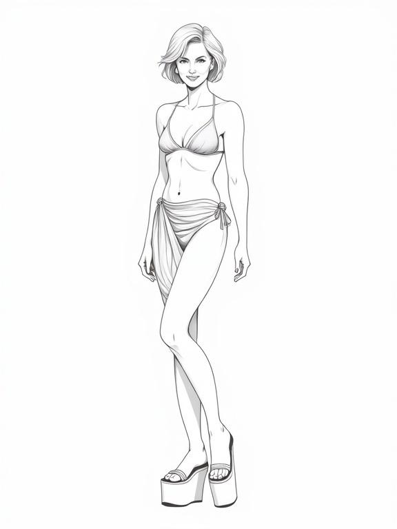 The image features a vector illustration of a mature woman with short hair wearing a bikini and a sarong. The figure is in black and white with an outlined design and a high definition appearance. She stands wearing wedges or platform sandals.
