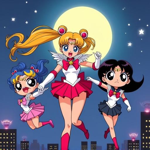 Sailor Moon with Blossom Bubbles Buttercup flying together. All characters use iconic transformation pose. Dynamic night cityscape with a giant moon in the background. Bold colors and clean lines. Expressive faces and glowing effects for powers.