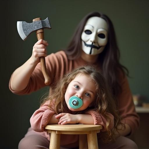 A mother holds a toy axe over her child. The child plays on a stool with a pacifier in mouth. The mother wears an executioner's mask. The scene captures a playful atmosphere between them.