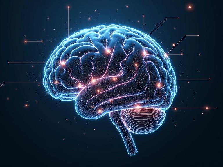 A cybernetic brain design featuring illuminated circuits and floating holograms against a dark background.