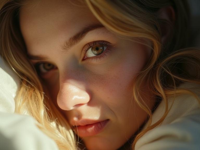 A woman lying in bed showing a close-up of her hazel eye. Afternoon sun shines on her. Wavy blonde hair framed around her face. Taken with a compact digital camera from the 1990s. A hybrid of surreal PS2-era advertisement styles. The image has lo-fi qualities: grainy texture, overexposed, high contrast.