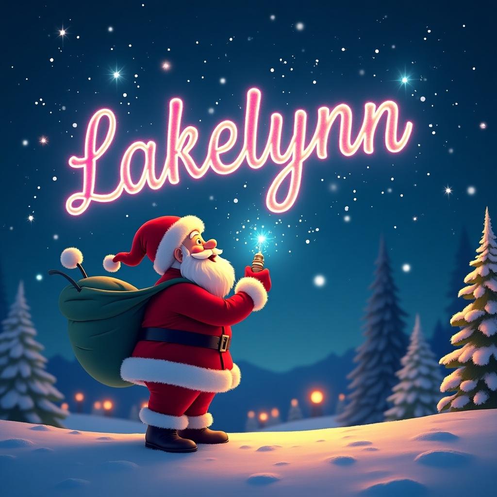 This image showcases a beautiful Christmas theme with Santa Claus joyfully writing the name 'Lakelynn' in colorful glowing letters in the night sky. Santa, with his iconic red suit and white beard, looks up in delight as he creates this personalized festive display. The night sky sparkles with stars, enhancing the enchanting atmosphere. Snow blankets the ground, and evergreen trees frame the scene. The glow pen in Santa's hand emits a vibrant light creating the text, adding a touch of magic to the winter wonderland.