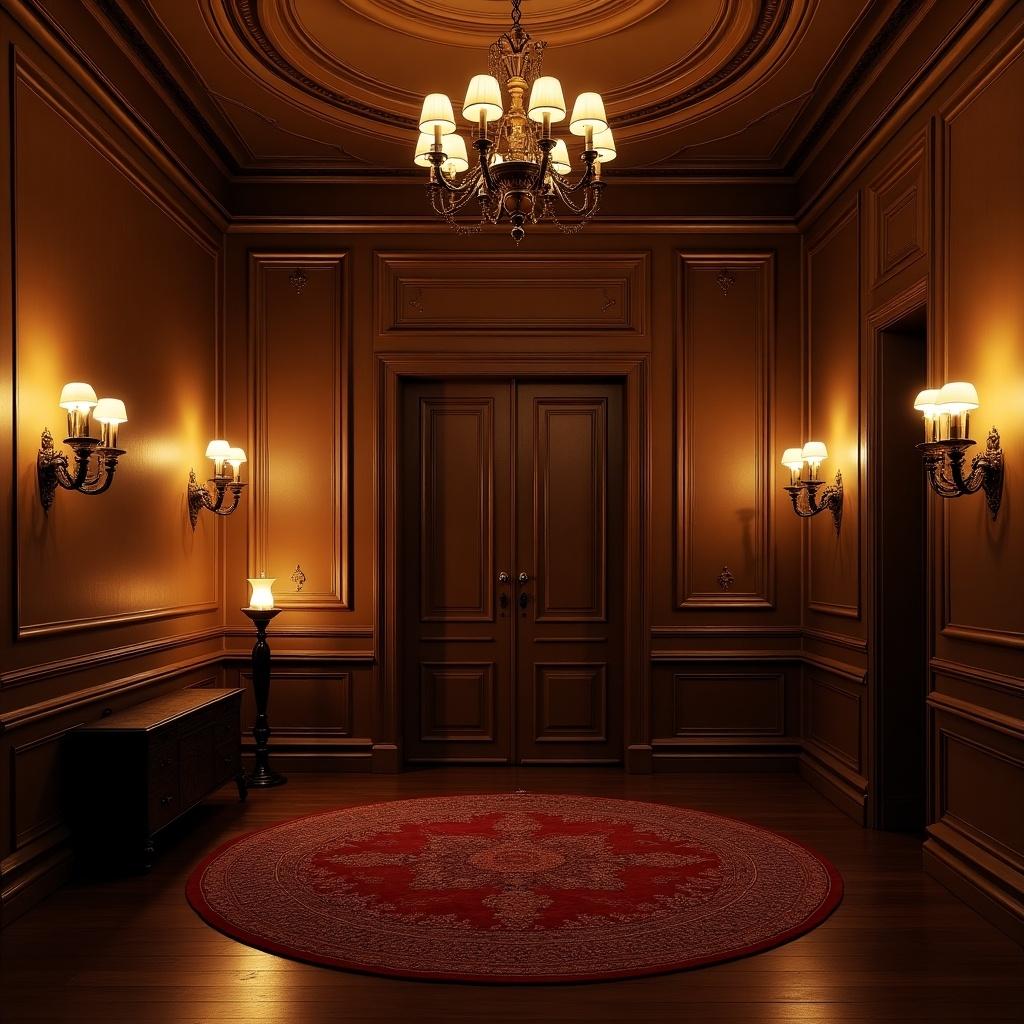 Classical dome bridal salon with dark walls. Antique hot wall lights and Spanish chandeliers. Wooden floor featuring red Iranian round rugs. A big candle positioned in the corner.