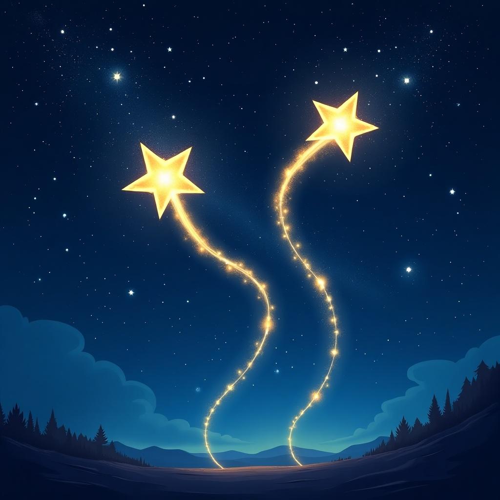 The image features two bright, golden shooting stars named 'Luke' and 'James' in a deep blue night sky. The stars have sparkling trails that twinkle as they soar upwards. The background depicts a serene mountainous landscape under a vast expanse of stars. Soft clouds are visible, adding to the calm atmosphere. The overall mood is whimsical, evoking a sense of wonder and magic.