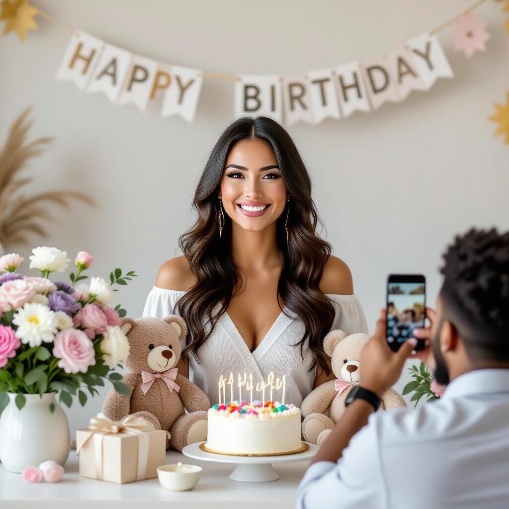 Realistic photograph of a beautiful smiling woman with Latina features and black hair standing behind a table. The table has floral arrangements stuffed animals a birthday cake and gifts. Behind her is a banner that says Happy Birthday. A man is taking a photo with a cell phone in front of her.