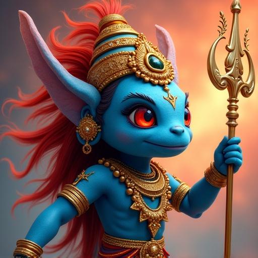 Cartoon monster inspired by Vishnu with blue skin, adorned with gold jewelry and headdress, featuring red hair and holding a staff.