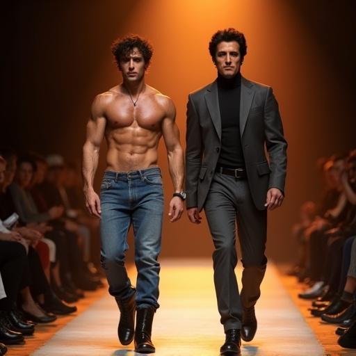 Digitally enhanced photograph of two male figures on a runway. One figure has a muscular torso in blue jeans and boots. The other figure wears a gray suit with a turtleneck. Both walk confidently in dim light with an orange glow.