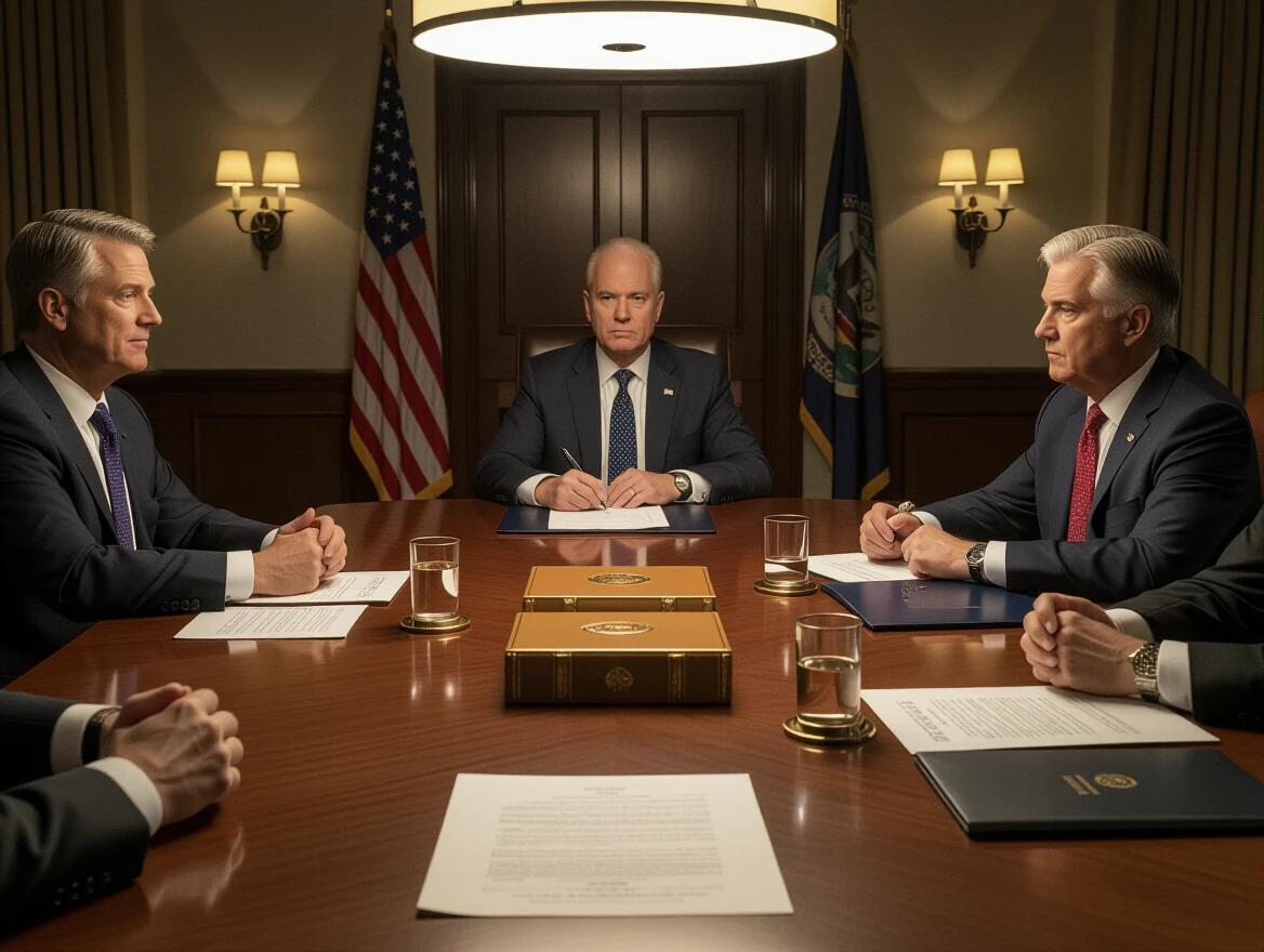 Ultra-realistic 3D depiction of a corporate meeting in Washington. A table with sealed folders marked as 'ultra confidential.' Politicians' hands gesticulating with tension. Partial face of a political figure visible. Dark lighting with focus on the table.