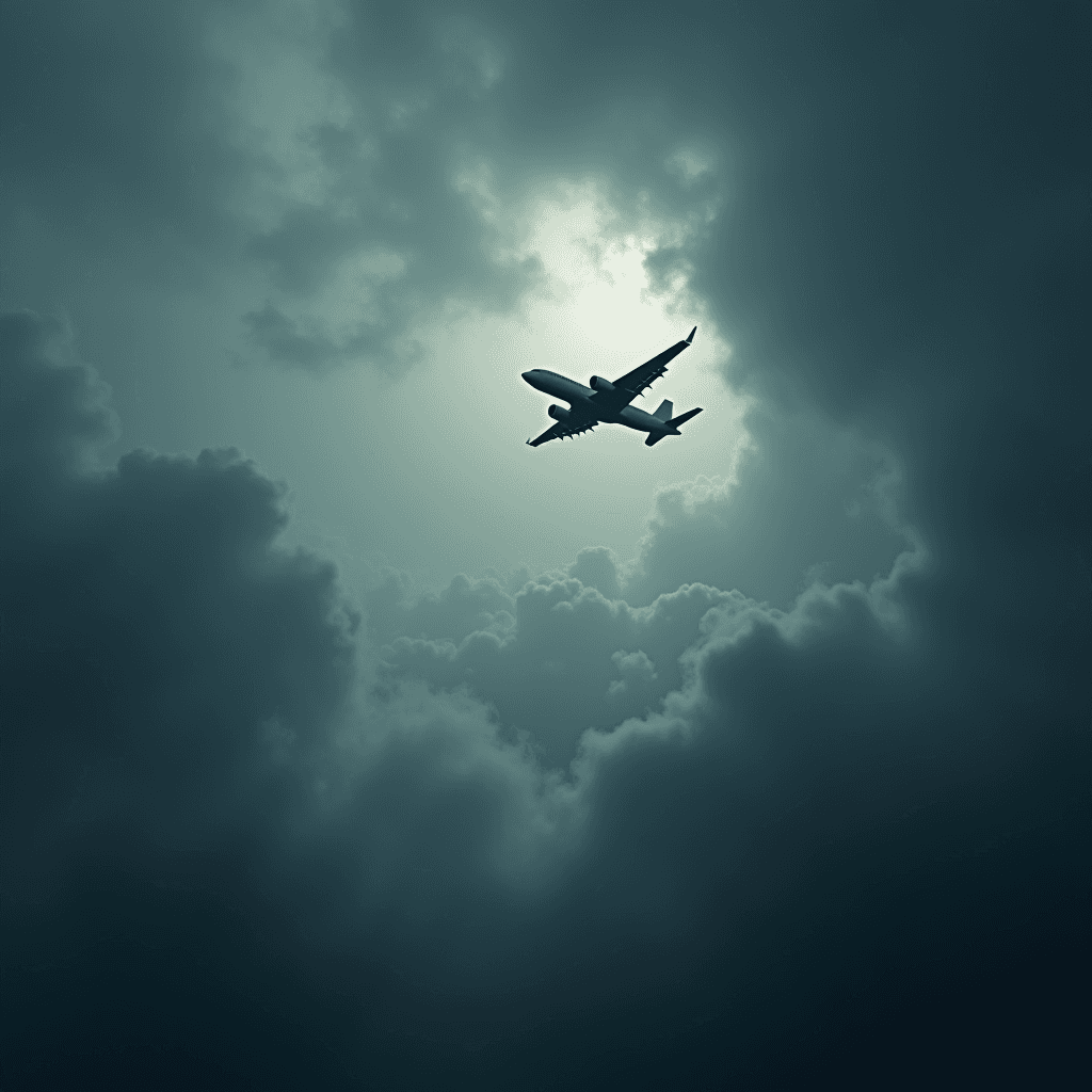 A solitary airplane flying through dramatic, dark clouds with a glimpse of light breaking through.