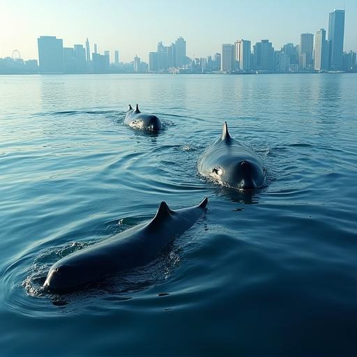 Pod of whales swimming in the waters of Tokyo with a city skyline in the background.