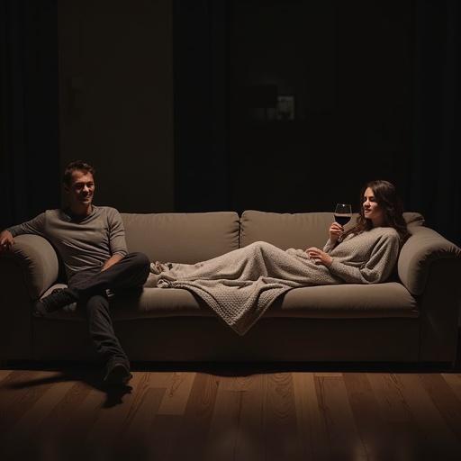 Very wide shot of a man and woman sitting on an extra-large sofa. The man is casually dressed and sitting. The woman is lying down and covered with a soft blanket. Both hold wine glasses with neutral expressions. The living room is dimly lit with a cozy atmosphere. No text or additional elements present.