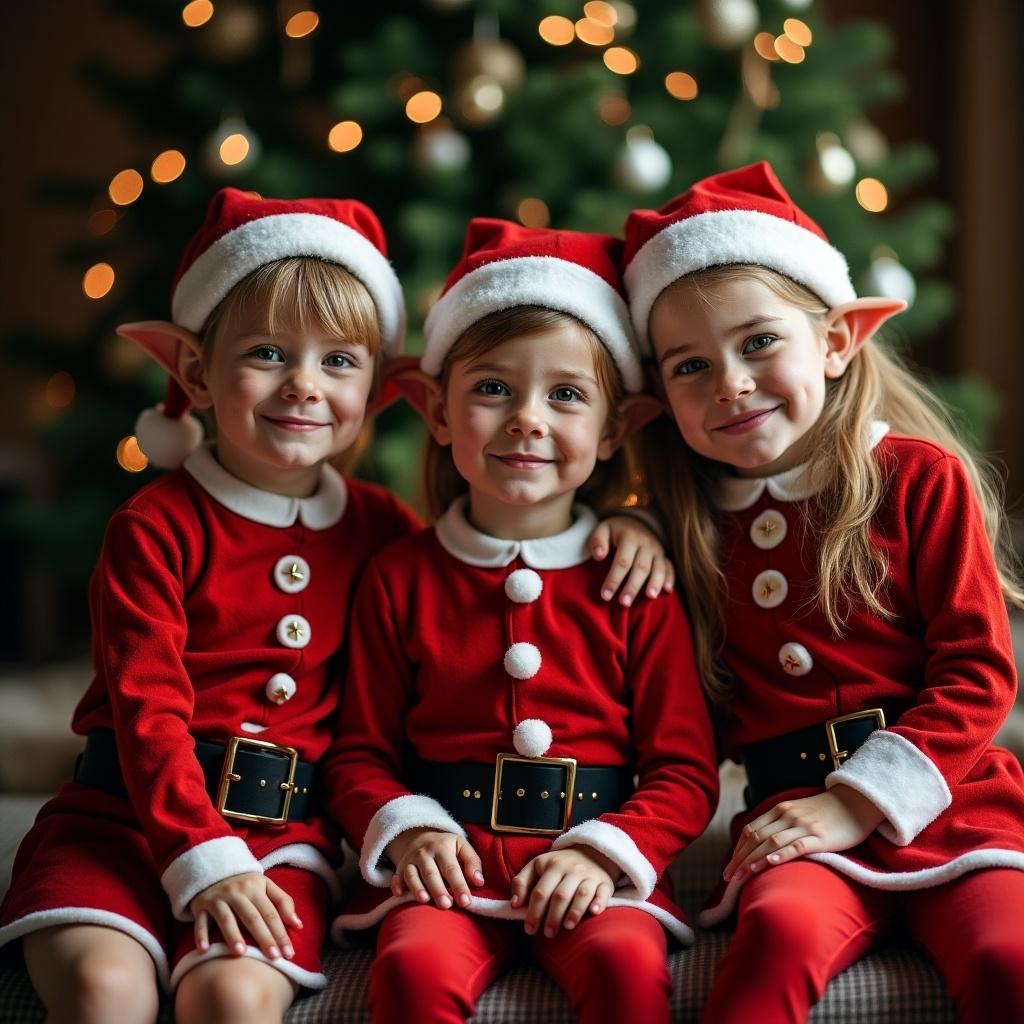 Three Christmas elves posing together in red costumes. They exhibit tired expressions after a long day. The background features a Christmas tree with soft lights.