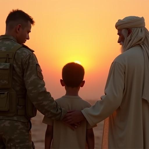 A sunrise scene with three figures. A child looks behind at the sunrise. To the left, a soldier gently touches the child's shoulder. To the right, an older man in a cream outfit also places a hand on the child's shoulder. Both adults face forward. The focus is on the child's face as they look at the sunrise.