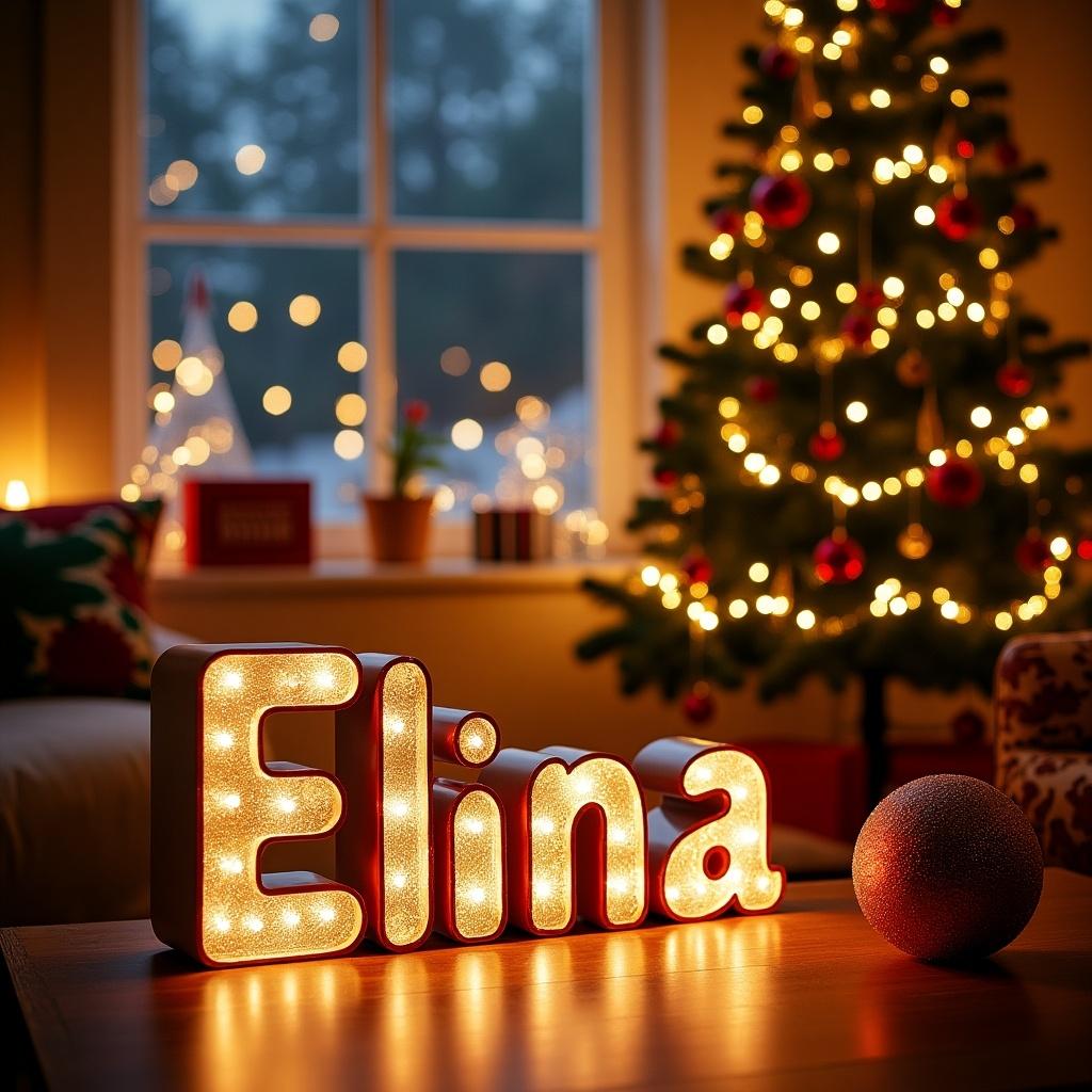 A cozy Christmas scene showcasing the name 'Elina' in illuminated letters. The background features a beautifully decorated Christmas tree adorned with twinkling lights and ornaments. Soft, warm lighting creates an inviting atmosphere, emphasizing the festive spirit of the season. This image conveys a sense of joy and celebration, making it perfect for holiday greetings or personalized gifts. The table in the foreground enhances the homey feel, capturing the essence of family gatherings during the holidays.