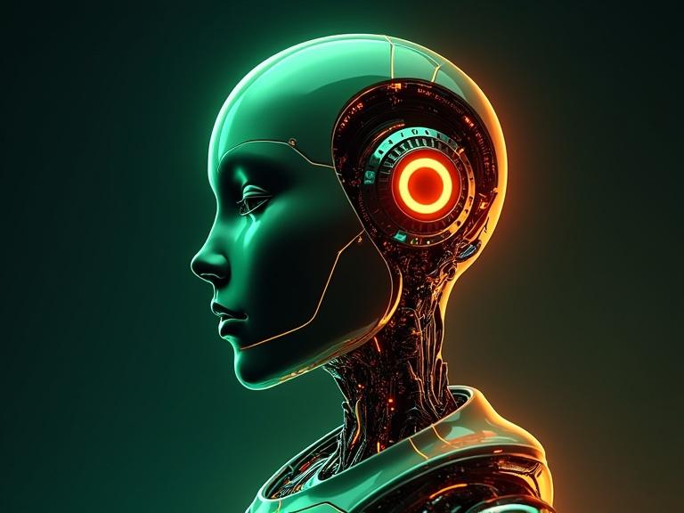 Vector style robot head featuring neon green and orange colors. 3D illusion effect highlighting futuristic design.