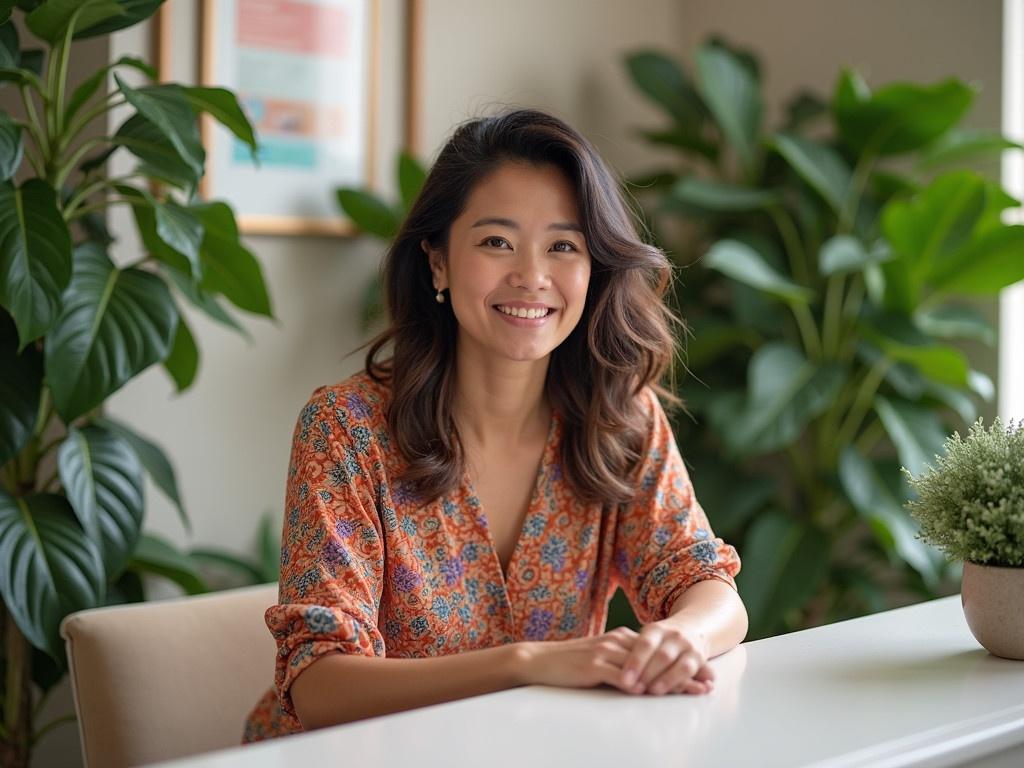 The image captures a woman sitting at a reception desk in a vibrant, patterned blouse. She appears focused on something in front of her, with her hands resting on the desk. The background features lush green plants that add a touch of nature to the indoor setting. The lighting is bright, giving the scene a cheerful atmosphere. The woman is surrounded by soft, neutral-toned decor, creating a warm and inviting space. This image conveys a sense of professional yet friendly ambiance.