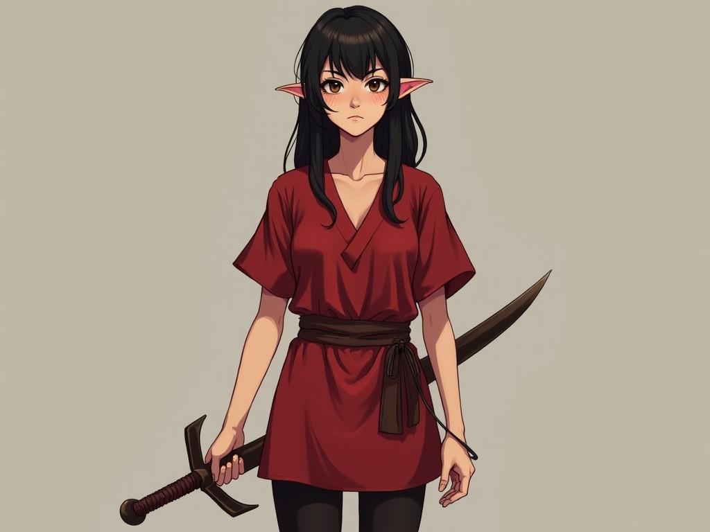 Create an illustration of a young woman who is a fairy without wings. She has black layered hair with curtain bangs and a light dusting of freckles across her cheeks. Her cat-like brown eyes are enhanced by some eyeliner. The character appears to be around twenty years old and stands about 5'6" tall. She wears a crimson tunic that is accented with a dark brown belt, paired with black leggings. In her hand, she holds a sword, presenting a strong and confident stance.