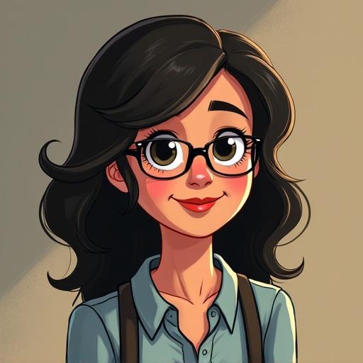 Character illustration with black hair. Female character with glasses, wearing a button-up shirt and braces. Appears friendly and expressive with a cartoonish style.